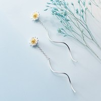 925 Sterling Silber Weiß Gänseblümchen Blumen form Dangle Drop Ohrringe Langkettige Ohr Threader Ohrringe Modeschmuck für Frauen