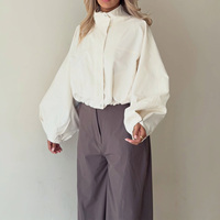 Blouson bomber coupe courte personnalisé pour femme, coupe oversize, col montant, manches ballon, fermeture éclair, uni, décontracté, streetwear, vêtement d'extérieur