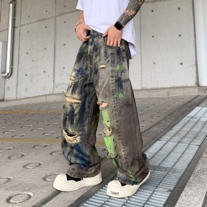 กางเกงยีนส์ผู้ชายทรงหลวมสไตล์ลำลองเอวกลาง ลวดลายขาดๆ แบบวินเทจ ยี่ห้อ Original Vibe รุ่นใหม่ล่าสุดสำหรับฤดูร้อน ไซส์ใหญ่ ทรงตรง ขากว้าง - Product Image 4