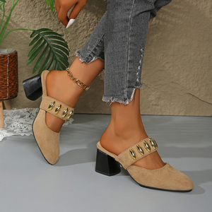 2025 nouvelles femmes mode <span class=keywords><strong>Mules</strong></span> Beige talon épais sandales métal décoratif boucle sangles sandales à talons hauts - Product Image 4