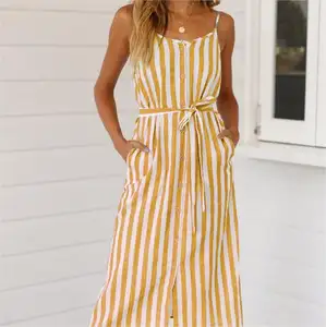 Retro Summer Long Open Back Holiday Grown With Pockets Spaghetti Strap Dress Casual Elegant Cute Dress For Women