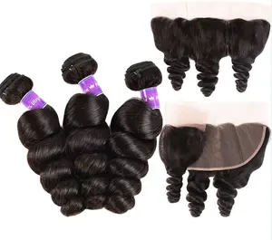 Gelombang Longgar India 13X4 Frontal dengan 3 Bundel 100% Bundel Rambut Manusia Remy dengan Frontal Renda Transparan Frontal