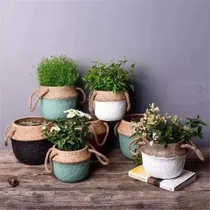 Pot Decorative Unique Design Basket Shape Concrete Flower Stand / Cement Home Garden Decor Planter Pot With Hanger