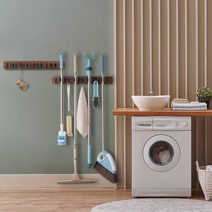 Solid Wood Wall Mounted Storage Rack With <b>Hooks</b> For Cleaning Tools And Supplies Punch Free Lacquered Finish - Product Image 1