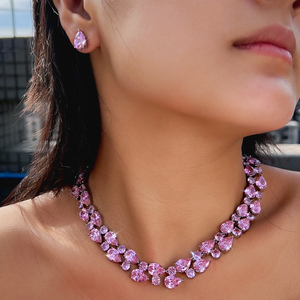 Magnifique collier et boucles <span class=keywords><strong>d</strong></span>'oreilles pendantes en rhodium plaqué avec zircon cubique rose pour femmes, bijoux de costume pour mariées - Product Image 2