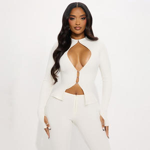 热销休闲2件套实心性感镂空钩扣上衣和紧身拉链长裤两件套女装 - Product Image 5