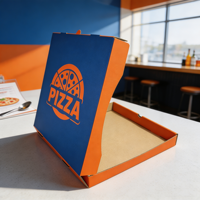 Boîte à pizza jetable en carton ondulé kraft imprimé bleu et orange, durable et de qualité supérieure, SP2790, pour restaurant