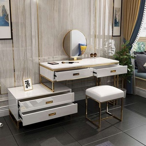Modern Dressing <strong>Table</strong> Set with Round Mirror Luxury High <strong>Gloss</strong> <strong>White</strong> Wood Makeup Vanity <strong>Table</strong> - Product Image 3