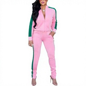 Ensemble de survêtement décontracté pour femme, rose et vert, avec blocs de couleur, fermeture éclair intégrale, col montant, pantalon de jogging respirant, coupe régulière, idéal pour le printemps - Product Image 1