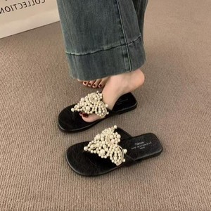 Fairy Style Thong Sandals for Women 2025 New Arrival Vintage Bohemian <b>Flip</b> <b>Flops</b> with Pearl Accents - Product Image 3