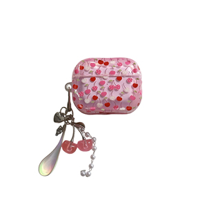 Étui pour <span class=keywords><strong>AirPods</strong></span> Pro 2 3 rose cerise coréen mignon, coque de protection transparente en TPU de luxe avec porte-clés cerise perlé - Product Image 1