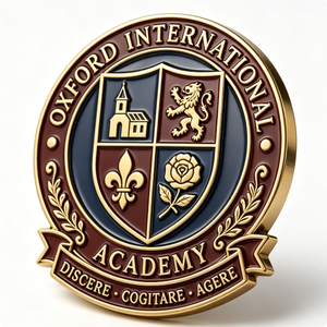 Insignia circular de aleación de zinc chapada en oro de la Academia Internacional de Oxford, con esmalte duro y grabado, artículo coleccionable. - Product Image 3