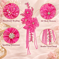 Applique florale 3D en maille perlée faite à la main avec strass et pompon pour vestes en tweed, robes, Qipao, robes de mariée, décoration DIY
