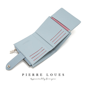 Pierre Loues Women's Short <b>Wallet</b> <b>Card</b> <b>Holder</b> Multi-<b>Card</b> Slots Bear Zipper Large Capacity Pink Black Blue Brown Solid Color - Product Image 3