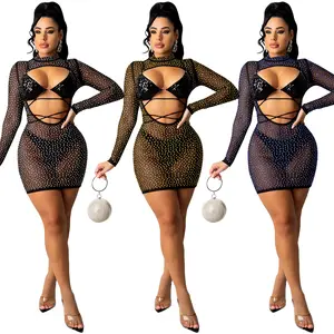 Nova Moda Sexy See-Through Malha Saia Curta Forro Sequin Quente Diamante Vestido com Sutiã e Sem Calcinha