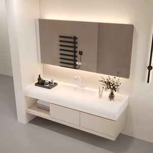 Meuble-lavabo minimaliste crème <span class=keywords><strong>avec</strong></span> vasque intégrée en pierre acrylique, <span class=keywords><strong>miroir</strong></span> LED intelligent/armoire-lavabo - Product Image 2
