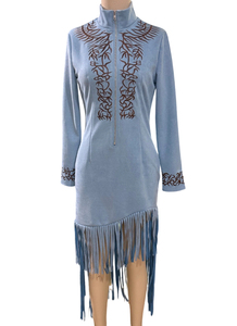 Vestido <span class=keywords><strong>de</strong></span> <span class=keywords><strong>Mujer</strong></span> Estilo Vaquero con Flecos <span class=keywords><strong>de</strong></span> Ante Sintético, Bordado y Cierre Frontal, Ajustado al Cuerpo, Moda Sehe - Product Image 6