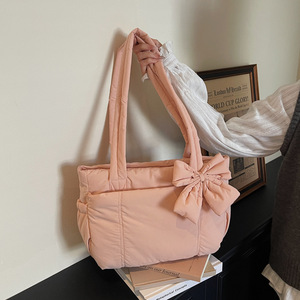 Borsa tote da donna in cotone con fiocco - Stile giapponese e coreano, grande capacità, leggera, morbida, tinta unita, casual, per uso quotidiano - Product Image 1