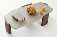 Table basse minimaliste en noyer et travertin naturel pour hôtel, villa, appartement, salon, salle de séjour, maison, table à thé
