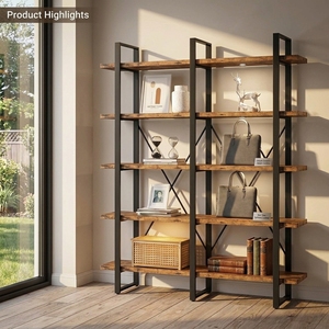 Wholesale 5-Tier Double Wide Industrial Bookshelf, 70" Tall Large Open Etagere Bookcase with Metal Frame for Living <b>Room</b> - Product Image 1