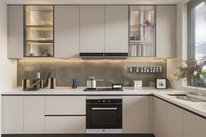 Ensemble d'armoires de cuisine sans couture SANTOPOVA, comptoir en quartz sur mesure, portes sans poignée, panneau en mélamine, évier inclus - Product Image 5