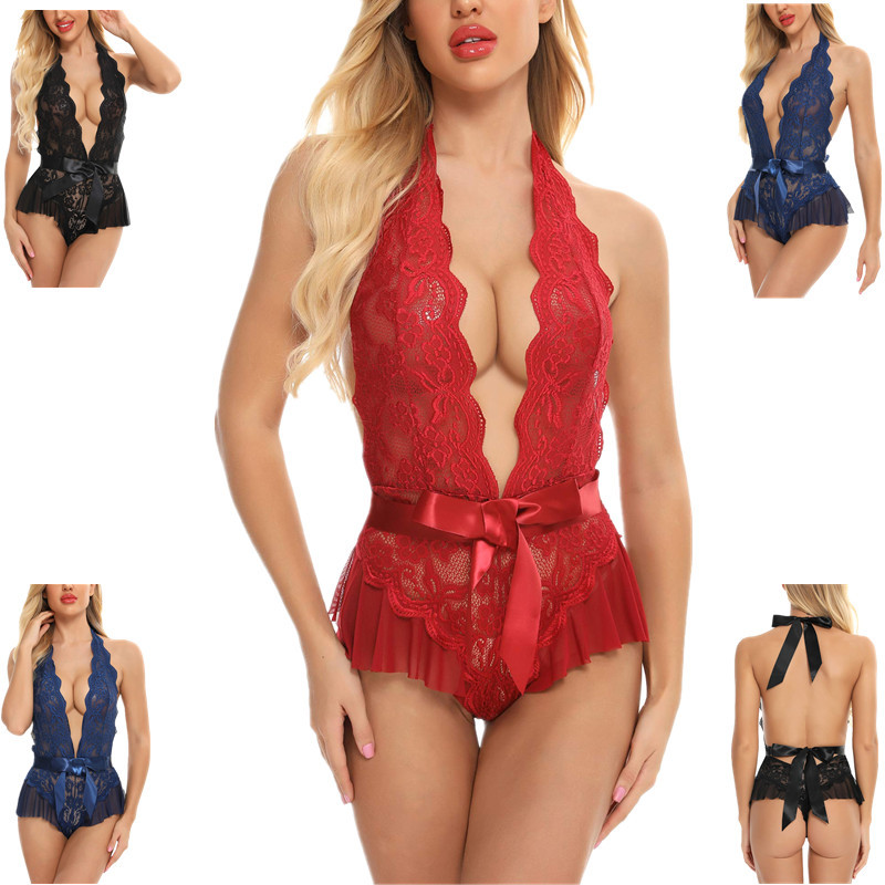 Wholesale Lady Transparent Thin Sexy Lingerie Hot Girls Erotic Deep V Shaped Bad Romance Lace Plunge Black Teddy  Underwear