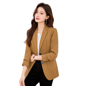 Women's Blazer Khaki Solid Color Polyester Anti-Wrinkle Suit Jacket For Spring Autumn Casual Wear - Product Image 5