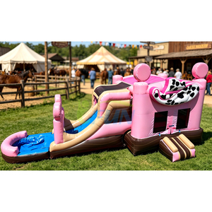 Castillo Inflable <span class=keywords><strong>con</strong></span> Tobogán y <span class=keywords><strong>Piscina</strong></span> Extraíble, Diseño Vaquero Rosa, para Fiestas al Aire Libre en el Patio Trasero - Product Image 1