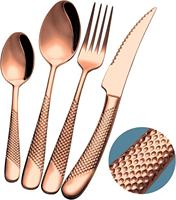 Ensemble de couverts modernes écologiques en or rose PVD, en acier inoxydable plaqué titane, avec manche en treillis diamanté, pour la vente en gros
