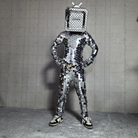 Costume de scène réfléchissant en acrylique argenté style TV pour Noël, bars, discothèques et spectacles de danse mécanique