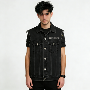 Gilet da Moto in Denim Traspirante <span class=keywords><strong>Nero</strong></span> da <span class=keywords><strong>Uomo</strong></span>, Stile Punk Street Senza Maniche con Risvolto, Lavato, OEM ODM - Product Image 2