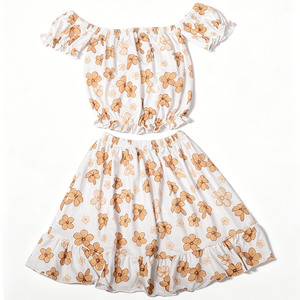 A26-3 Casual 3-7 Day OEM/ODM Custom Print Organic Cotton Short Sleeve <b>off</b> <b>the</b> <b>Shoulder</b> <b>Top</b> and Dress Baby Set - Product Image 2