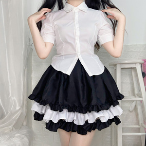 Lolita Maid <b>Skirt</b> Women Black <b>White</b> Layered <b>Ruffle</b> Satin Elastic Waist <b>Mini</b> <b>Skirt</b> Princess Style Dress - Product Image 1