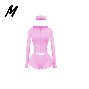 Setelan Wanita Musim Semi Terbaru, Jaket Hoodie Zip Up Katun Slim Fit dengan Logo Custom dan Celana Pendek Lipat, Setelan Santai 2 Potong Wanita - Product Image 5