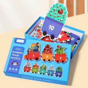 Quebra-cabeça de trem de animais para crianças, quebra-cabeça digital de desenho animado para crianças de 3 anos ou mais, coordenador de mãos e olhos, auxiliares de ensino de madeira