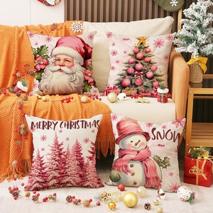Roze Kerstman Kerstlinnen Geprint Op Maat Gemaakt Vierkant Kussensloop met Sneeuwpop & Boom Design voor Woonkamer Sofa Kussenhoes - Product Image 1