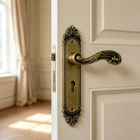 Serrure de porte à levier en alliage de zinc bicolore noir et or, antivol, durable, avec plaque longue, style baroque, griffes gravées, courbes et volutes