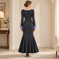Robe longue décontractée sirène pour femme, tricotée, à col cœur, manches longues, avec nœud et bordure contrastante à carreaux vichy, marque privée