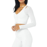 Ensemble de fitness respirant à manches longues pour femmes, musculation, vêtements de yoga, col en V, chemise et manteau à cordon de serrage