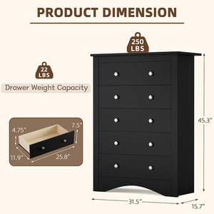 <span class=keywords><strong>Commode</strong></span> haute moderne en bois noir avec <span class=keywords><strong>5</strong></span> <span class=keywords><strong>tiroirs</strong></span>, panneau MDF, rangement pour chambre et salon - Product Image 5
