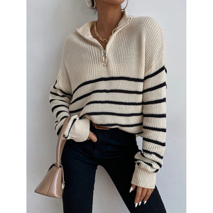 Maglione Pullover a righe bianche nere con mezza cerniera <span class=keywords><strong>colletto</strong></span> rovesciato Casual per uomo donna 100% cotone fornitore personalizzato - Product Image 1