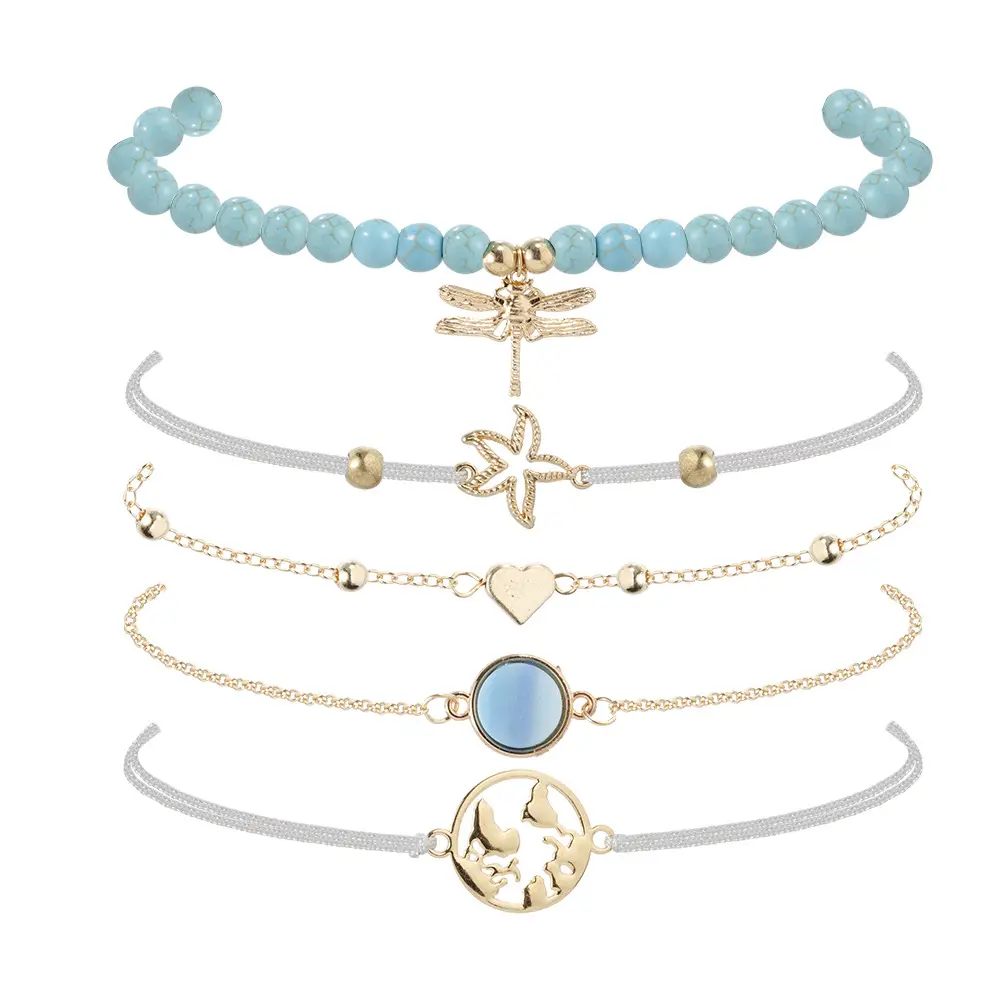 Di vendita semplice di pino blu di pietra della libellula del braccialetto di personalità naturale lime corda mappa delle stelle marine cinque pezzi set braccialetto