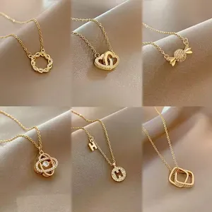 Fashion Jewelry Pearl Letter Initial Stainless Steel Gold Plated Zircon Heart Star Moon Custom Women Pendants Chains Necklace