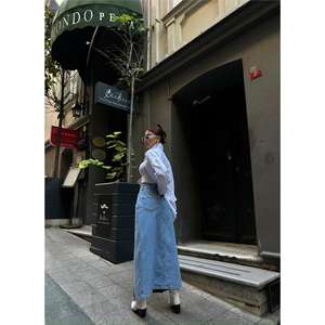 <b>Black</b> Denim <b>Long</b> <b>Skirt</b> Front Slit Button Decoration Casual Formal Style for All Seasons Asymmetric Print Washed Technique Light - Product Image 1