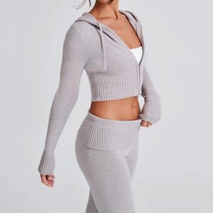 Ingrosso su misura autunno e inverno nuovo colore solido Slim maglia felpa con cappuccio Top pantaloni Casual completo due pezzi Set <span class=keywords><strong>donna</strong></span> - Product Image 6