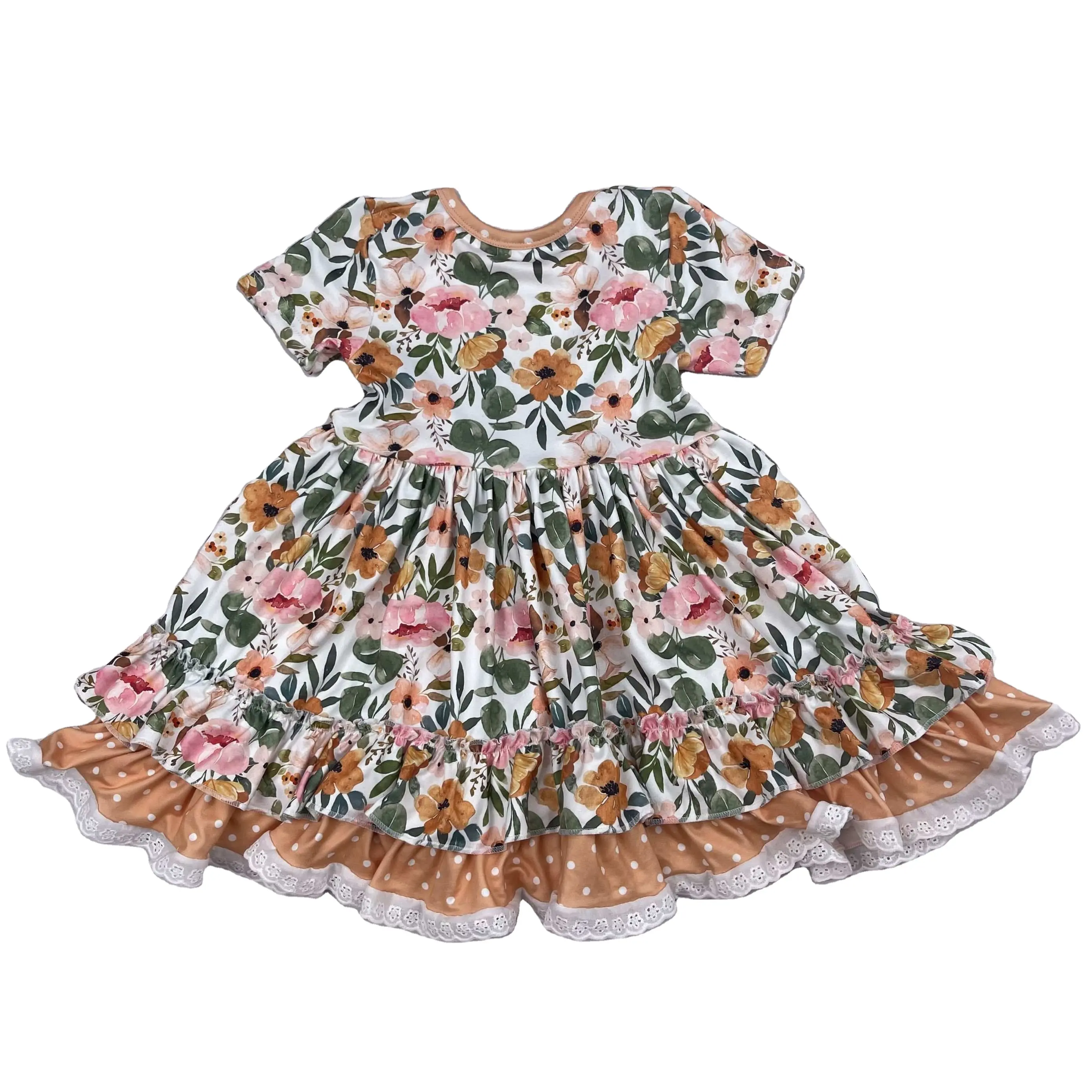 Baby girls Floral Spring Ruffle Flower Polka dot Print smock Party Dress Custom kids girls boutique twirl dresses 2-12