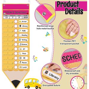 Daily Schedule Pocket Chart 31 Pencil Cards 14 Pockets Time Management Back to School Classroom <b>Decor</b> - Product Image 4
