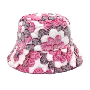 Fashion Lady Solid Thickened Soft Warm Fishing Cap Outdoor Vacation Flower Cap Faux Fluffy Furry Fur Winter Bucket Hat For Women