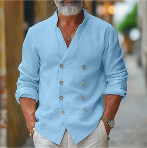 Camicia Doppiopetto da <span class=keywords><strong>Uomo</strong></span> Casual Elegante con Colletto alla Coreana in Cotone e <span class=keywords><strong>Lino</strong></span> Cardigan a Maniche Lunghe - Product Image 4