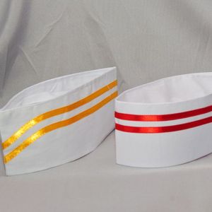 <b>Flat</b> <b>Cap</b> Chef Hat <b>White</b> With Gold And Red Stripes For Kitchen Work Uniform Adult Size - Product Image 1